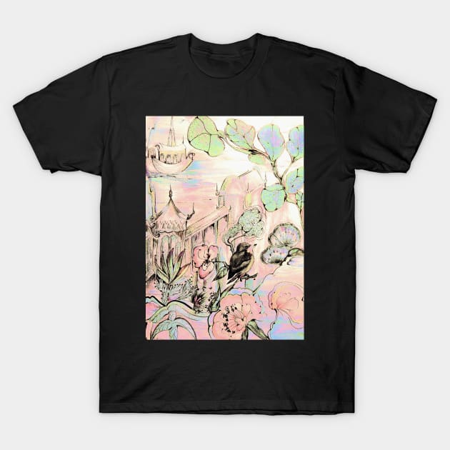 ORIENTAL FLORAL PRETTY PAGODA DESIGN DECO POSTER ASIAN ART BIRD  PRINT T-Shirt by jacquline8689